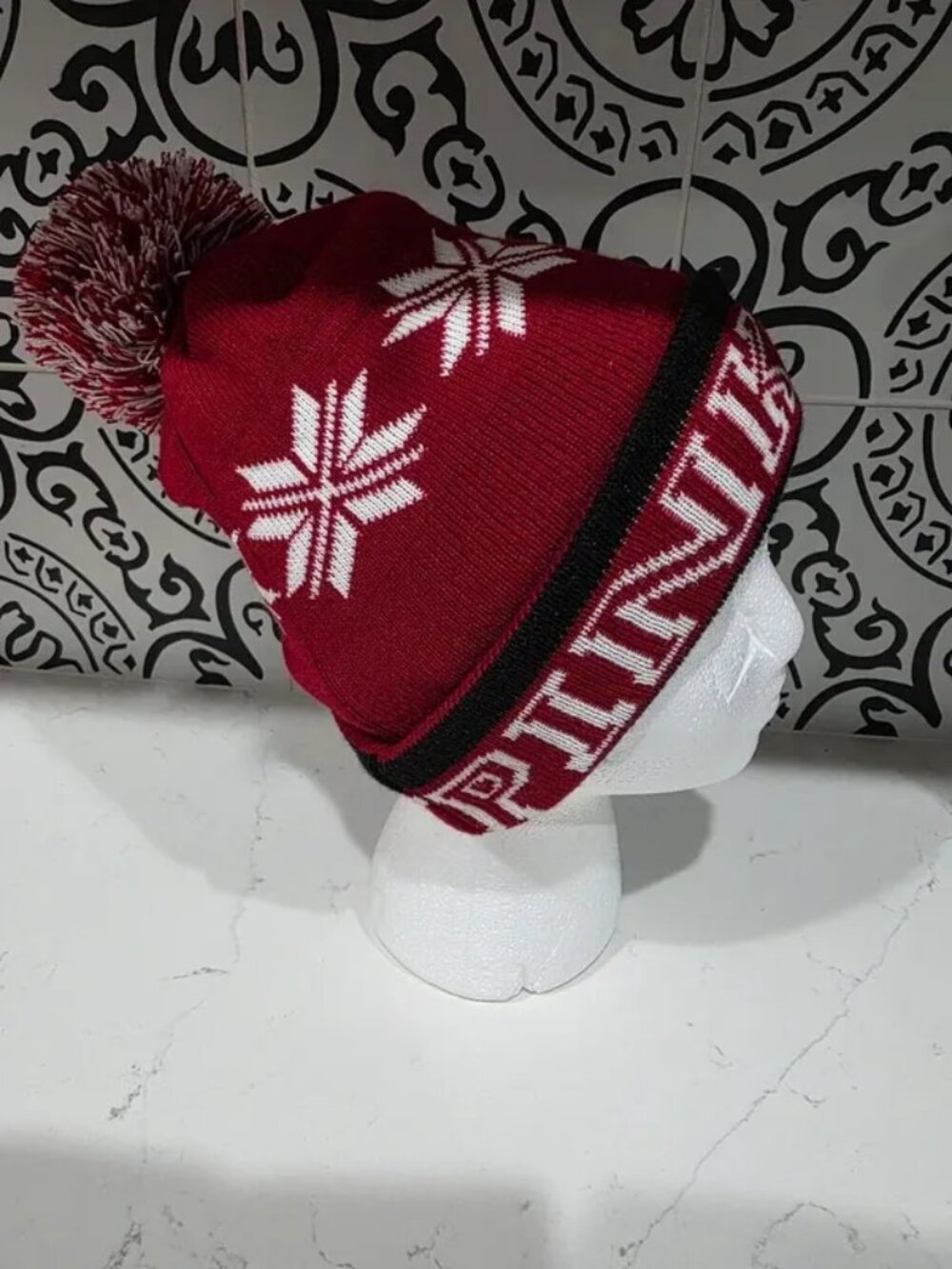 PINK Pom Beanie Womens Burgundy Knit Wide Brim Snowflakes
